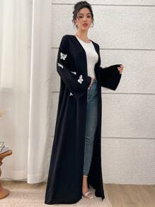 Yasmyna 女士优雅蝴蝶装饰宽松长袖阿拉伯长袍，女士优雅长袍，端庄长袍 - 黑色 - 查看 5