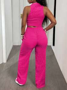 Slaydiva 夏季新款音乐节复活节纳什维尔生日派对毕业学生日常装休闲百搭度假巡航海滩日光浴简约休闲运动前拉链纹理面料女士套装，玫红色 - 玫紅色 - 查看 2