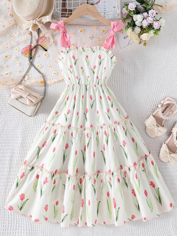 SHEIN Tween Girl Floral Print Ruffled Hem Tea Party Camisole Dress