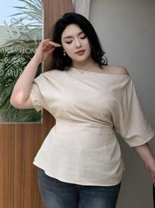 Dazy Plus Plus Size Asymmetrical Shoulder Solid Color Ruched Blouse Women Summer Shirts Linen - Apricot - View 6