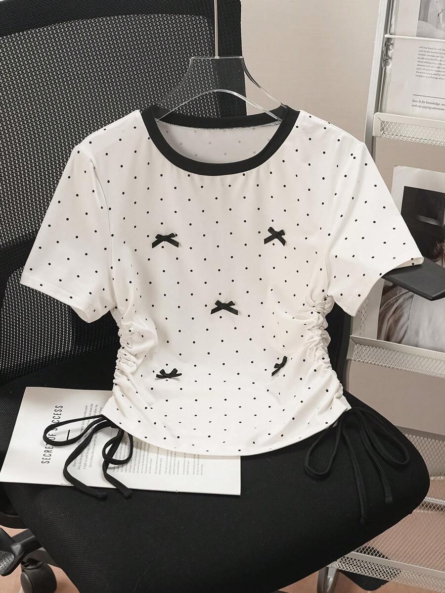SHEIN LUNE 波尔卡圆点蝴蝶结短袖优雅T恤，适合室内和室外穿着