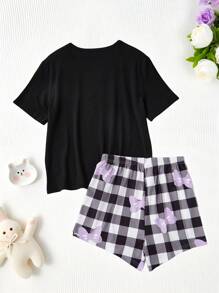 SHEIN 2pcs Teen Pajamas Set, Black Top With Blue Bow Accent, Paired With Purple Bow And Checkered Print Purple Shorts, Stretchy And Breathable Knit Fabric, Machine Washable, Comfortable And Easy Care (1 Sets Sold Separately) - Multicolor - View 2