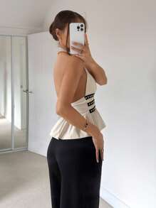 Siren Gaze Nuevo top de verano para mujer con diseño de escote halter y remaches - Albaricoque - Ver 2