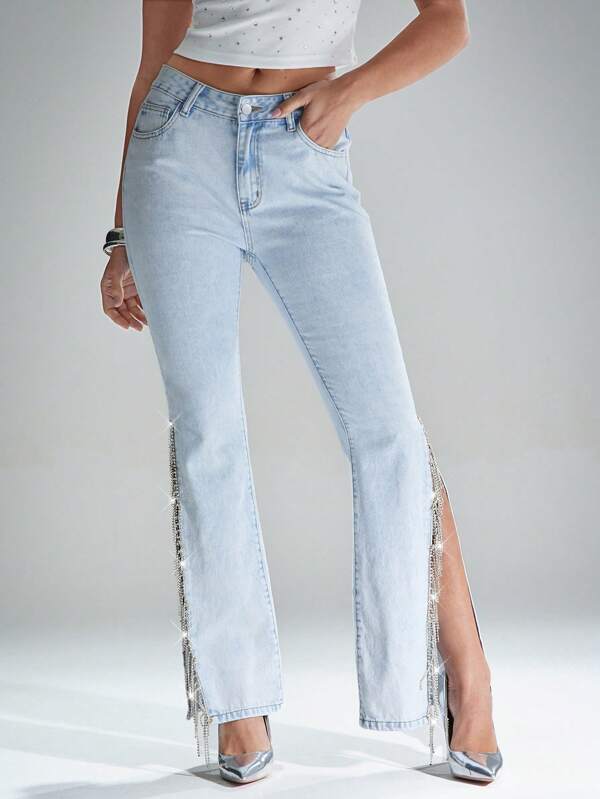 Denimoi Rhinestone Fringe Side Slit High Rise Denim Jeans, Y2k Fashion, Y2k Outfits, Y2k Bottoms, Y2k Styles