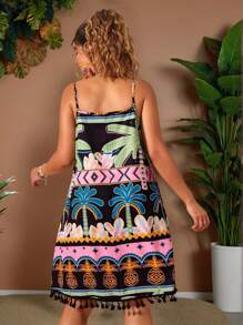 Breezaya Flowers Birds Spaghetti Strap Mini Tropical Floral Print Tassel Trim Vacation Dress