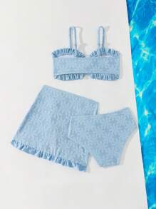 3 件套女童夏季海滩度假泳衣套装，可爱荷叶边纯色浅蓝色特殊面料 - 藍色 - 查看 2