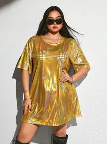 SHEIN ICON Plus Size Laser Print Music Festival T-Shirt Dress, Loose Laser Music Festival Party T-Shirt Dress - Yellow - View 1
