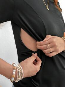SHEIN 圆领短袖印花哺乳T恤 - 黑色 - 查看 5