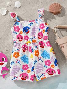 BABY SHARK X SHEIN Baby Girl Floral & Cartoon Shark Print Sleeveless Ruffle Trim Romper, Cool & Breathable Summer Outfit