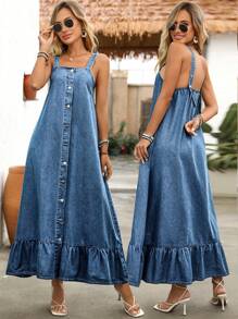 Breezaya 女式休闲水洗牛仔荷叶边连衣裙，夏季 - 中等水洗藍 - 查看 1