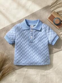 SHEIN Vintaside Kids 男嬰休閒幾何紋理 Polo 衫，水藍色夏季返校職業日款，優雅鈕扣前領中性上衣 - 淺藍色 - 查看 4