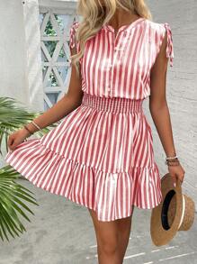 Calvaya Blue & White Striped Summer Dress With Shoulder Ruffle Bowknot And Waist Cinching For Women, Cotton