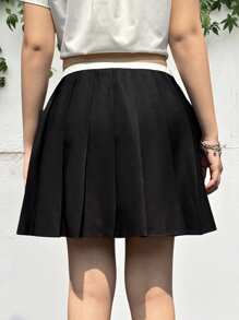 SHEIN Teen Girl Versatile Casual Simple Comfortable Contrast Color Tie Bow Pleated Skirt - Black - View 2
