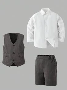 3pcs Set: Gentleman's Casual Vest, Shirt And Shorts Outfit For Tween Boy Suitable For Spring/Summer Formal Occasions, Birthday Party