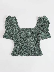 SHEIN VCAY 方形領泡泡袖荷葉邊下擺上衣