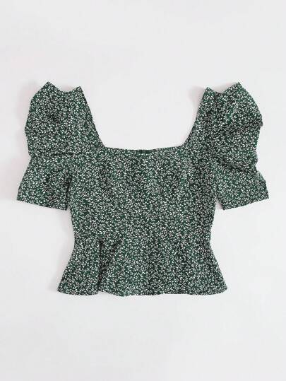 SHEIN VCAY 方形領泡泡袖荷葉邊下擺上衣