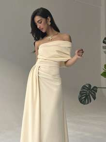 Aloruh Women Solid Color Ruched One Shoulder Elegant Vacation Dress,Graduation Dresses - Apricot - View 3