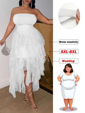 SHEIN CURVE+ 大码白色网眼连衣裙，适合婚礼、毕业季、礼服、曲线加大码、波西米亚风度假、女士夏季服装女士海滩服装/沙滩裙/海滩度假服装/海滩必需品/毕业/茶会礼服