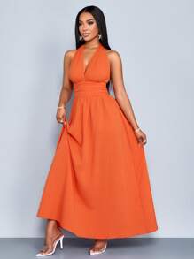 SOLERSUN Women's Elegant Romantic Orange Beach Vacation V-Neck Pleated Sleeveless Backless A-Line Long Dress For Spring Summer Hawaii Women Outfit - Burnt Orange - View 7