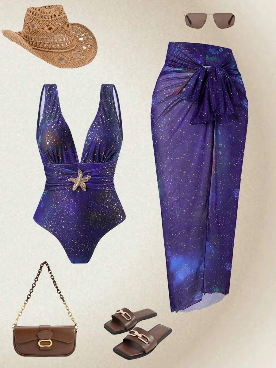 2pcs/Set Women New Style One-Piece Metallic Shiny V-Neck Sleeveless Swimsuit & Printed Mesh Long Skirt Beach Cover Up, Summer Casual Swimwear Set - Multicolor - View 1