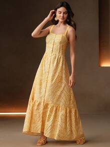 Anewsta Elegante abito lungo a vita alta con volant, ricamato e con taglio a giorno, color giallo chiaro, adatto per la spiaggia e le vacanze