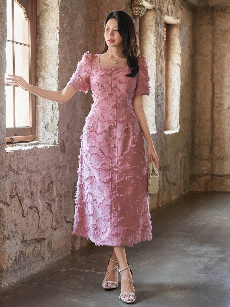 Square Neck Puff Sleeve Buttoned Textured Mid-Length Dress For Women Maxi Dress