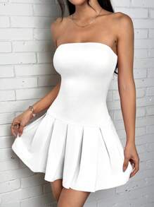 SHEIN EZwear Summer Casual White Women Pleated Hem Tube Dress White Dresses For Women - White - View 5