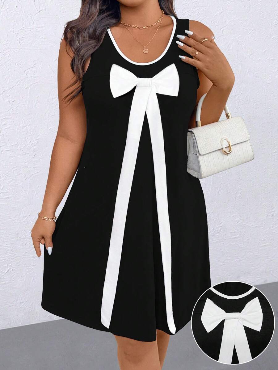 EMERY ROSE 大码女式撞色蝴蝶结装饰休闲简约连衣裙 - 黑與白 - 查看 1
