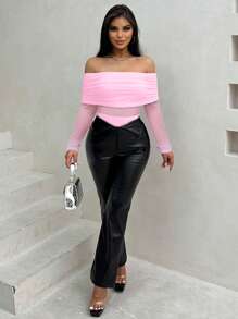Zolique Off Shoulder Mesh Panel Bodysuit - Pink - View 7
