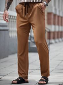 Manfinity Homme 男士休闲纯色抽绳腰斜口袋裤 - 棕色 - 查看 4