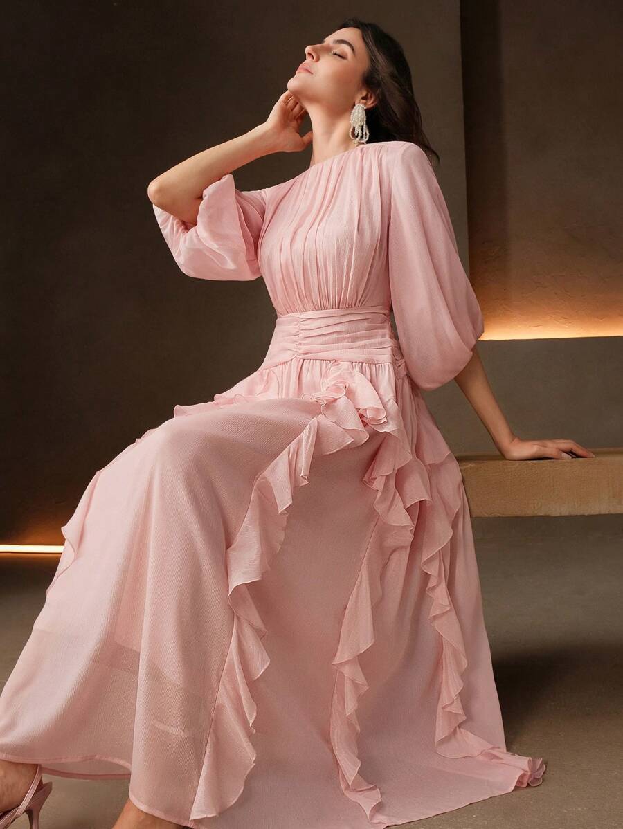 Anewsta 优雅女士灯笼袖腰部收紧粉色宽松喇叭裙，宫廷风格 - 粉色 - 查看 1