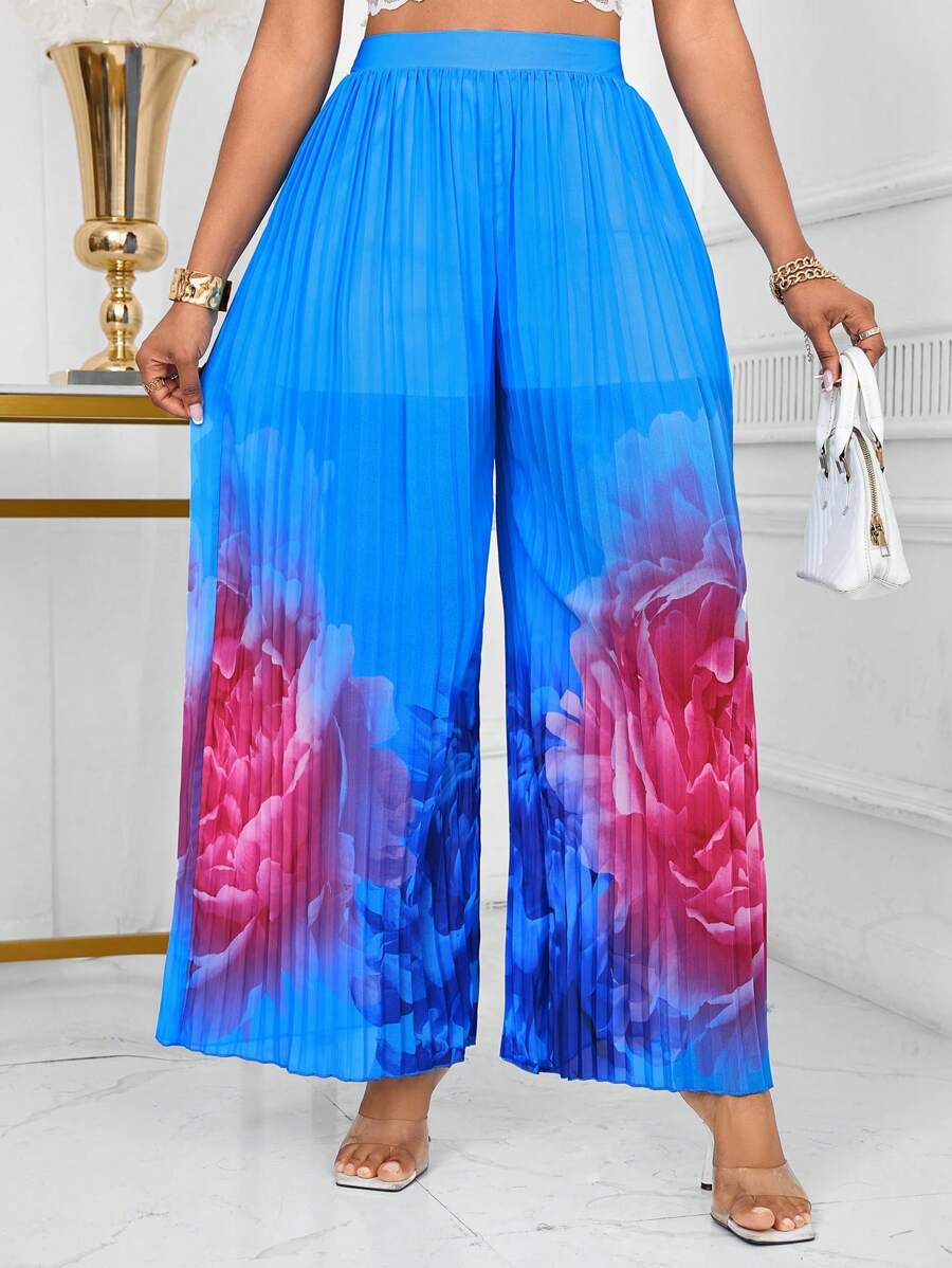 SHEIN Unity 女式蓝色褶皱高腰裤 - 藍色 - 查看 1