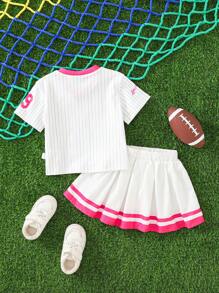 SHEIN 2 件套女婴运动衫和百褶裙套装，适合春夏季，0-3 岁 - 玫紅色 - 查看 3