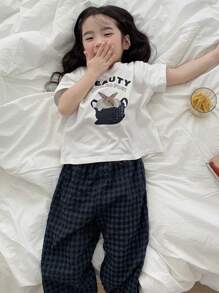 DAZY Young Girl Letter & Rabbit Graphic Short Sleeve T-Shirt And Plaid Pants Pajamas Set,Girls Summer Outfits - Blue - View 5