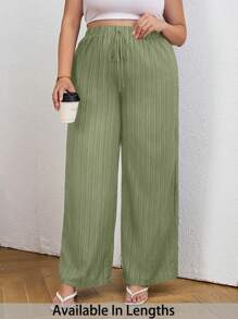 SHEIN Tall CURVE 夏季休闲纹理阔腿七分裤 - 橄欖綠 - 查看 1