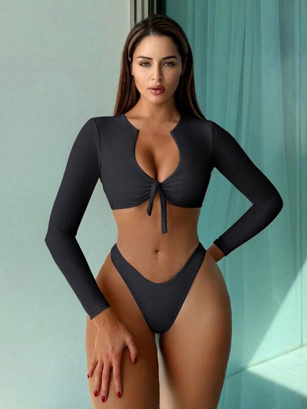 Swim SXY Damen einfarbiger Bikini-Set mit tiefem V-Ausschnitt, Vorderbindung, Langarm und hoher taillierter Hose, Sexy Badeanzug mit Langarm für den Sommer Strand