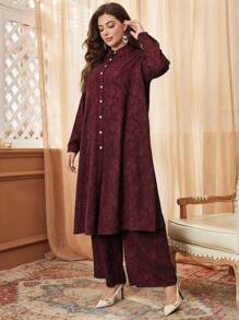 Mulvari 2pcs Textured Jacquard Contrast Button Plus Size Casual Set 2 Pieces Set Fall Cloth For Women - Burgundy - View 7
