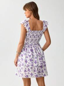 SHEIN LUNE Summer Romantic Boho Ditsy Floral Layered Ruffle Backless Bow Midi Dress, Western/Festival Style