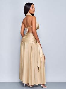 SOLERSUN Women's Sexy Minimalist Elegant Solid Color Khaki Tie Front Plunging Drape Neck Backless High Slit Long Dress, Suitable For Party, Cocktail, Wedding Bridesmaid, Night Out