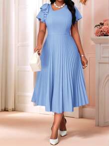 SHEIN Lady 春夏休闲优雅波西米亚风针织圆领喇叭袖荷叶边褶皱中长短袖加大码连衣裙 - 藍色 - 查看 3