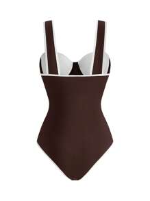 Swim Oasis Women Spring/Summer Beach Swimwear, Solid Colour One-Piece Swimsuit+ Skirt, Going Out Outfit - Brown - View 4