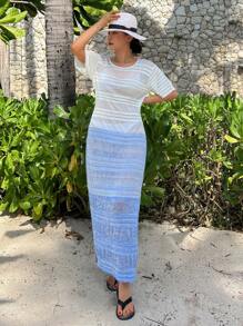 DAZY Women's Ombre Hollow Out Short Sleeve Beach Cover Up Dress, Spring/Summer Vacation - White - View 5