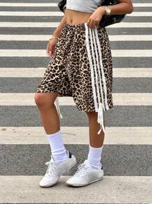 SHEIN Leap Crew Teen Girl Leopard Print Side Bowknot Casual Shorts - Brown - View 8