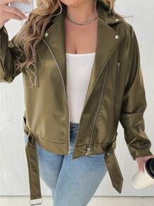 Flirla 大码女式纯色拉链前翻领长袖休闲PU机车夹克 - 軍綠色 - 查看 1