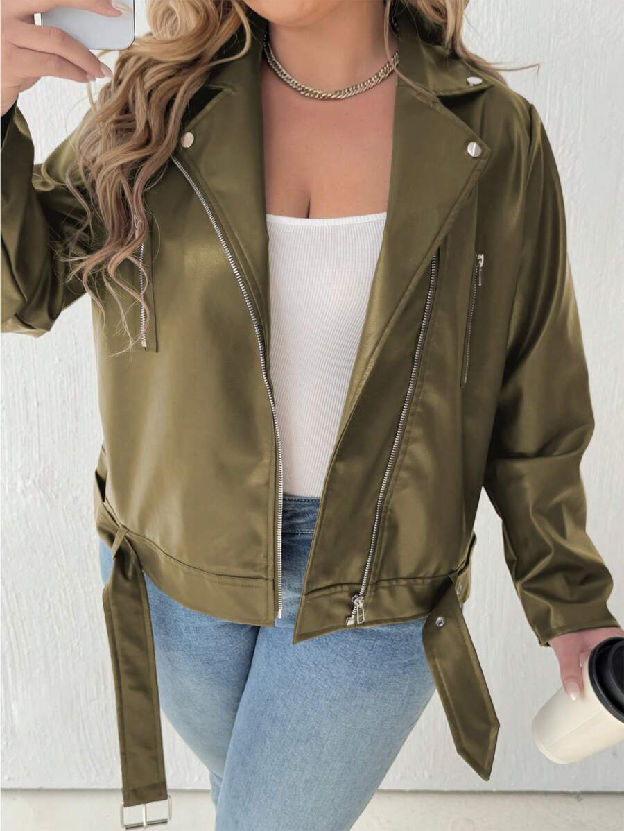 Flirla 大码女式纯色拉链前翻领长袖休闲PU机车夹克 - 軍綠色 - 查看 1