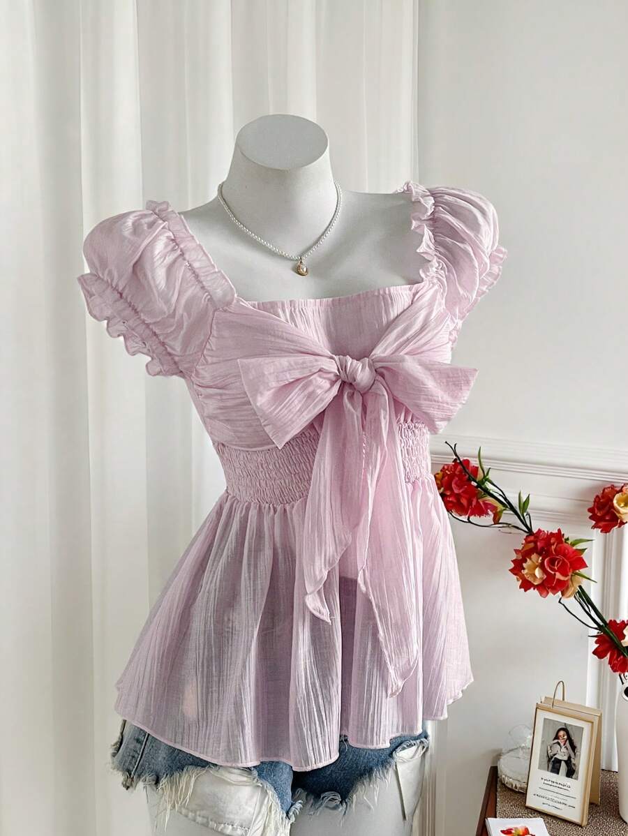 Sweetra Summer Sweet Sexy Lady Bowknot Short Sleeve Blouse With Mesh Chiffon Fabric - Pink - View 1