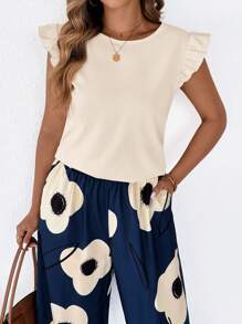 SHEIN Clasi 2pcs Plus Size Solid Color Ruffle Hem Top And Floral Print Pocket Pants Set - Apricot - View 6