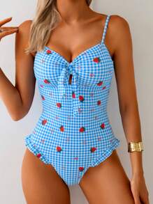 SHEIN Swim 1 件女式可爱格子草莓心形印花蝴蝶结前褶边下摆连体泳衣，休闲度假沙滩装