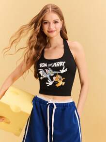 TOM & JERRY X SHEIN Cartoon Pattern Halter Neck Cropped Tight Black Summer Comfort, Casual Cartoon Fun Cat And Mouse Print Pattern Women's Top