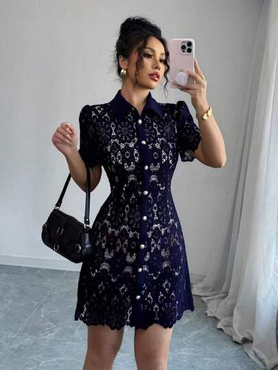 Elenzga 蕾丝贝壳装饰前扣优雅短袖连衣裙